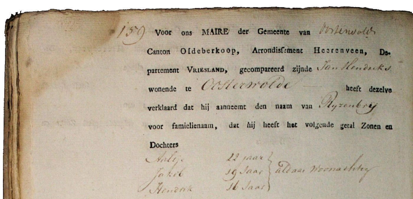 Naamsaanneming 1811: Jan Hendriks uit Oosterwolde koos de naam Rijzenbrij. Tresoar | Register van familienamen