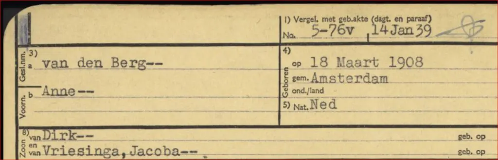 Voorbeeld van een persoonskaart, in dit geval specifiek die van iemand genaamd Anne van den Berg.