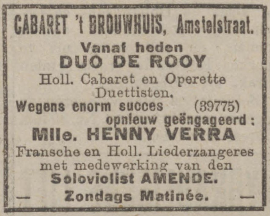 Advertentie in het Algemeen Handelsblad van 1 juni 1920, waarin Henny Verra (de artiestennaam van Johanna Anna Edmunda Verhas) wordt aangekondigd. Bron: Delpher.