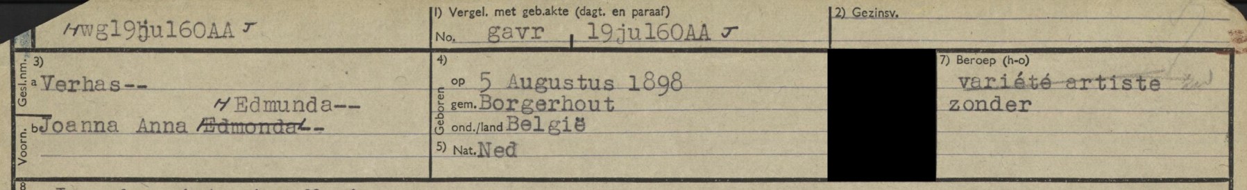 Beroepsvermelding op de persoonskaart van Joanna Anna Edmunda Verhas. Coll. CBG|Centrum voor familiegeschiedenis.