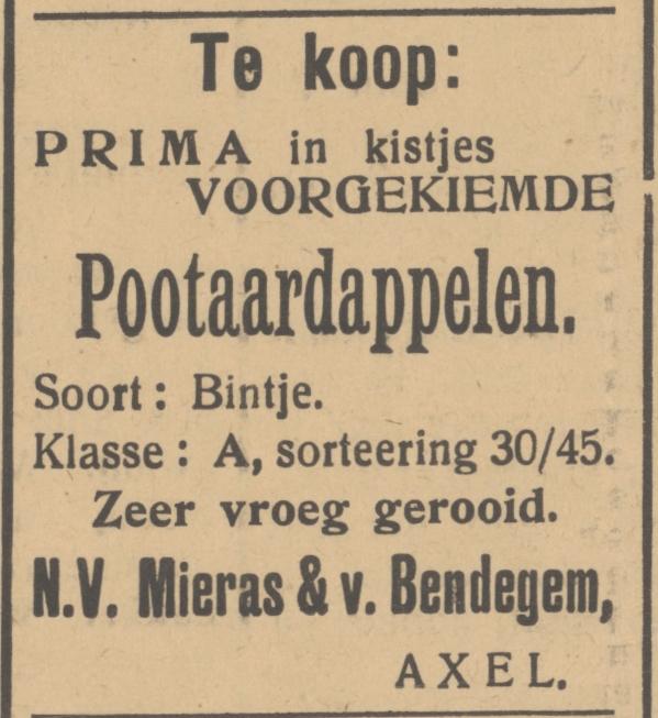 Advertentie in de Axelsche Courant voor voorgekiemde pootaardappelen van de firma Mieras & van Bendegem, 13 februari 1945. Bron: Delpher.nl