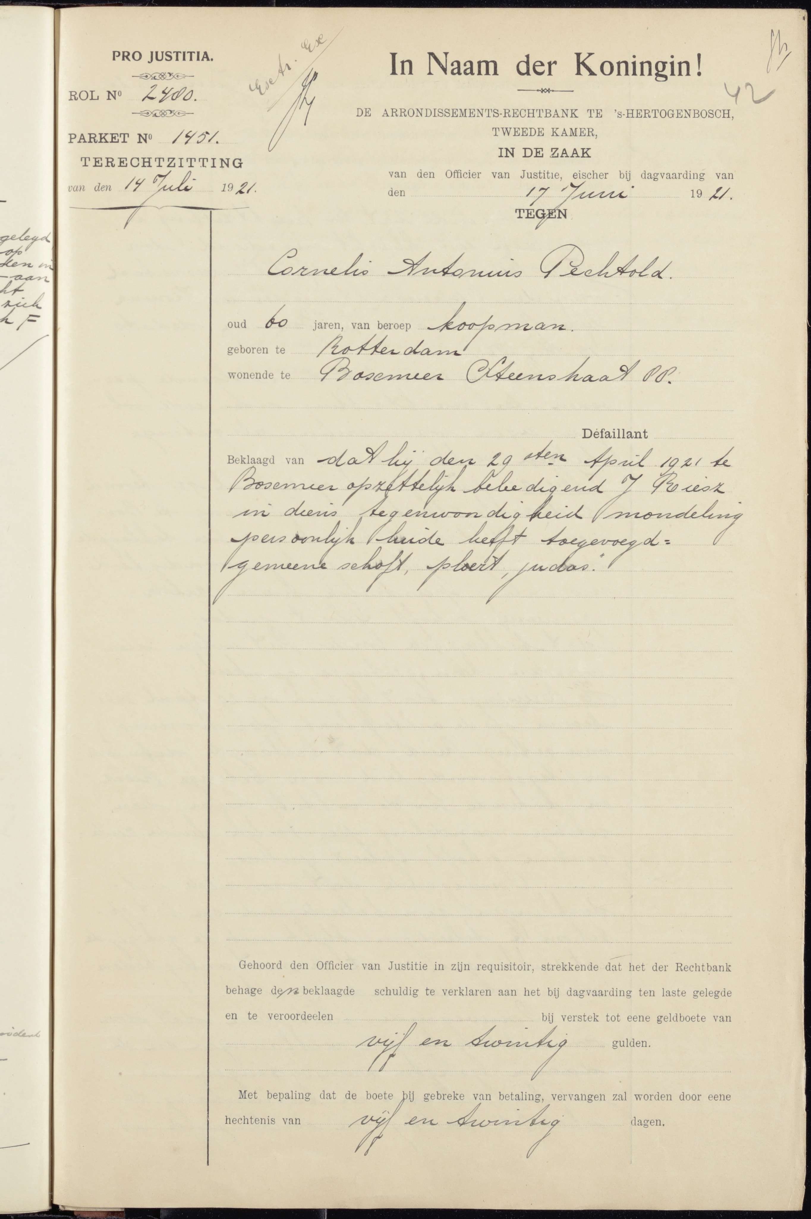 Criminele Vonnissen, Cornelius Antonius Pechtold 1921, Collectie BHIC.