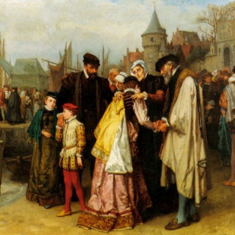 Een schilderij waar een haven te zien is met veel mensen er op, het zou gaan om vluchtende Franse Hugenoten in 1566