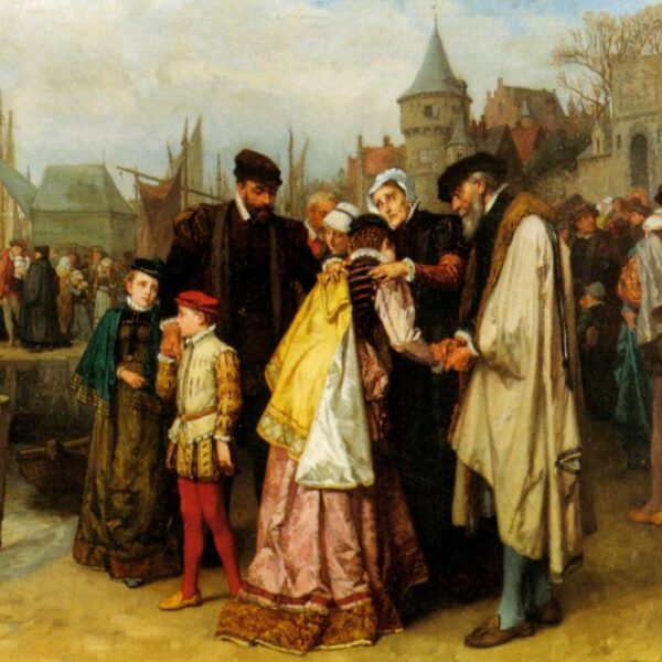 Een schilderij waar een haven te zien is met veel mensen er op, het zou gaan om vluchtende Franse Hugenoten in 1566