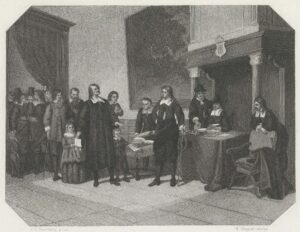 potlood tekening waarbij je meerdere mannen voor een haardvuur ziet staan in oude kledij.