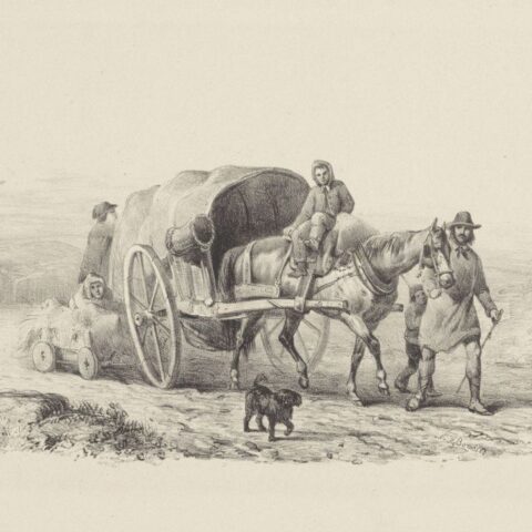 Oude tekening waarop een gezin te zien is dat onderweg is met een huifkar getrokken door een paard.