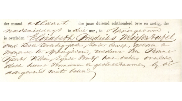 Hangeschreven oude tekst, een fragment van de overlijdensakte van Elizabeth Frederiks Weissentufel