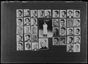 Een collage van kleine portretfotootjes van personen verdacht van verzet door de Duitse bezetter. 